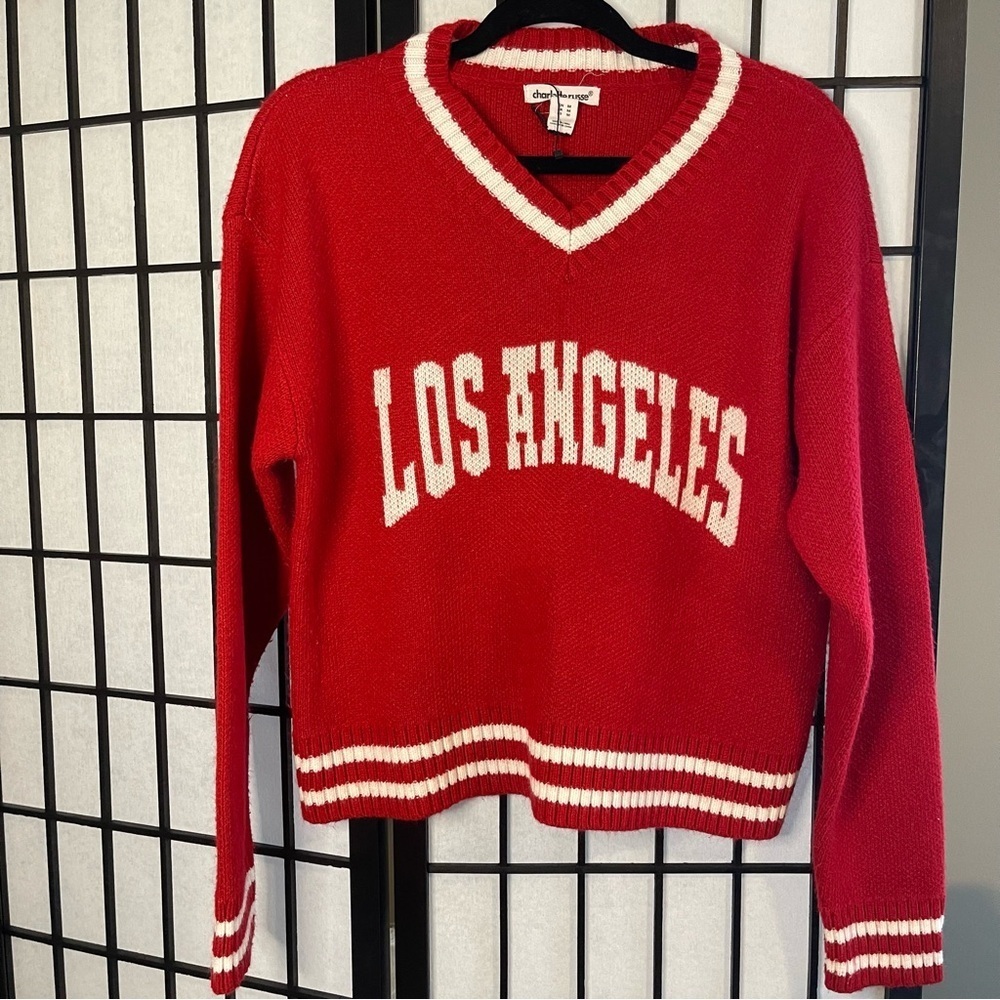 Charlotte Russe Red V-Neck Sweater with Los Angeles Design